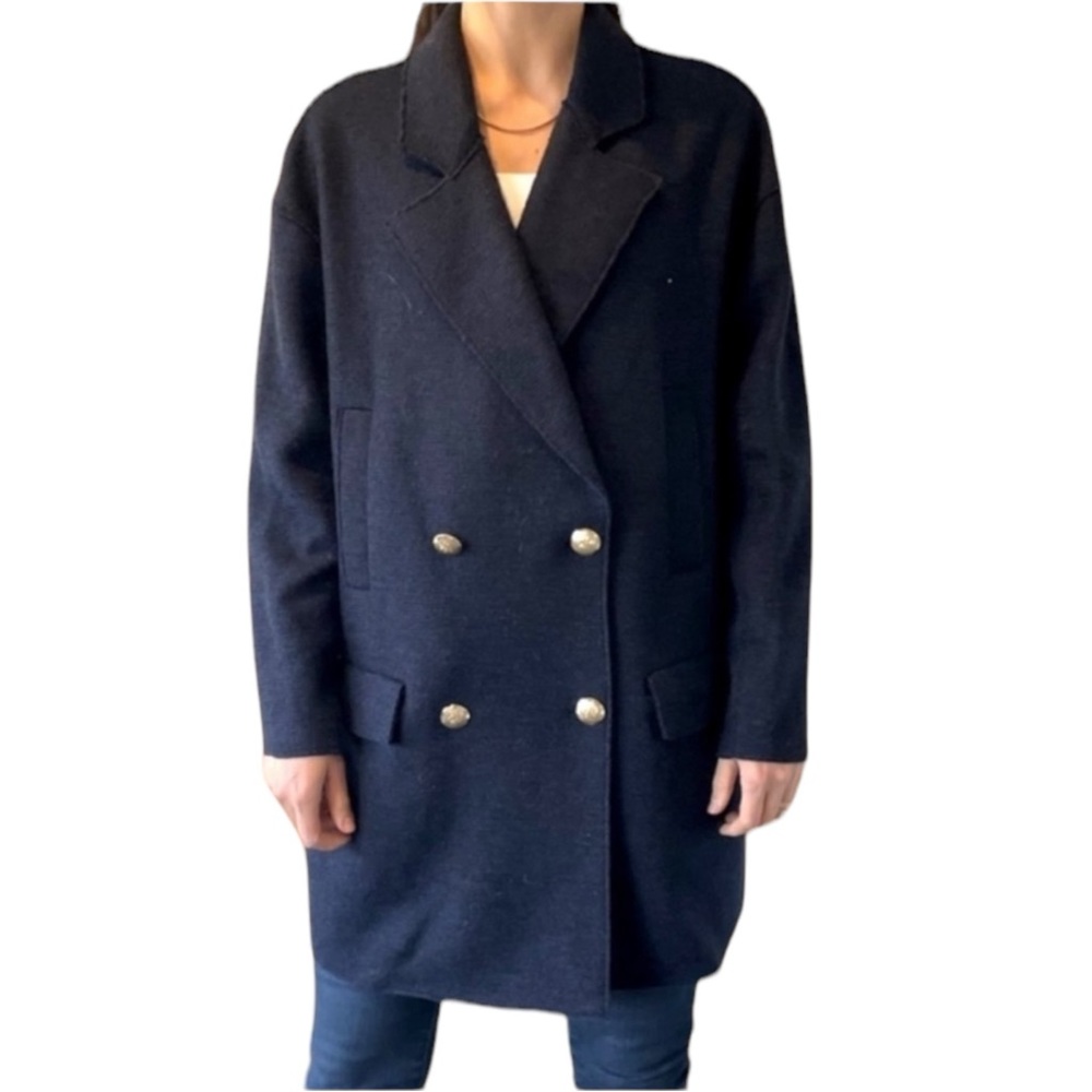 New ZARA Oversized Wool Blend Sweater Blazer Gold Buttons Dark Navy Blue Sz S